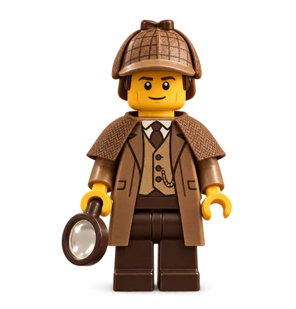 Sherlock Holmes LEGO minifigürü; dedektif şapkası, kahverengi pelerini ve büyüteciyle.